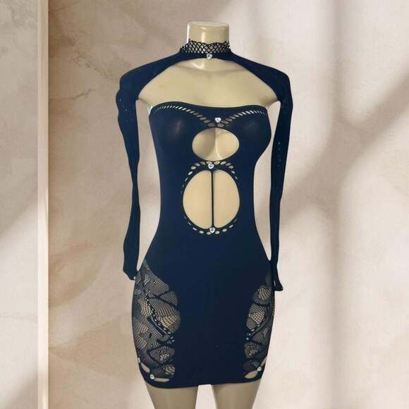 Suviafashion Dresses & Skirts - Black Cutout Mini Dress – Long Sleeve Choker Bodycon Rhinestone Detail Sexy Y2K